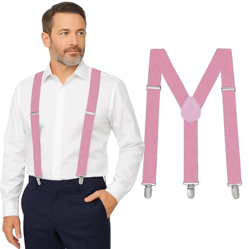 Pink Suspenders for Men Heavy Duty Adjustable 1 Y-Back Mens Suspenders for Dress Pants with Strong Metal Clips Durable Elastic Straps Leather Reinforcement Comfortable Formal Everyday Wear