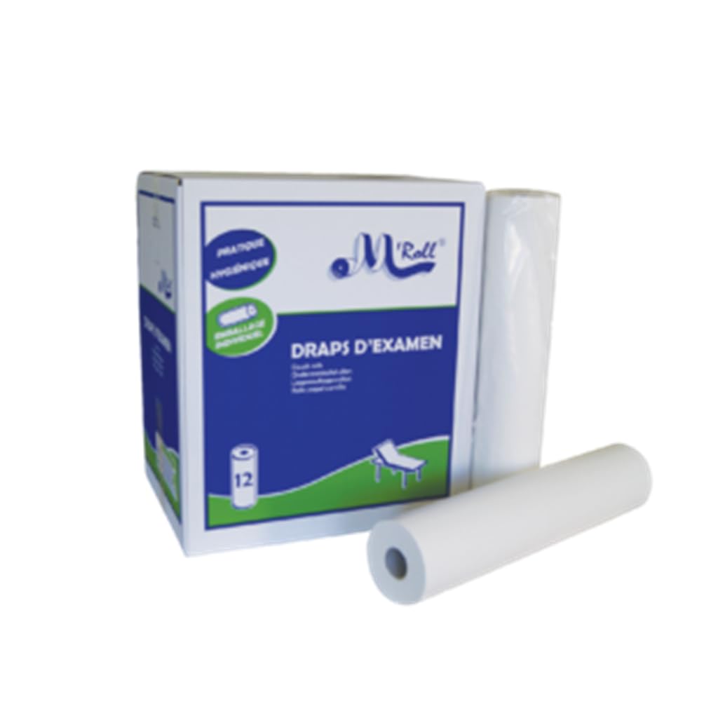 Draps d'Examen Médical, 2 Plis, 50 cm x 47,25 m, 135 Formats Prédécoupés de 50x35 cm, Blanc, Carton de 12 Rouleaux