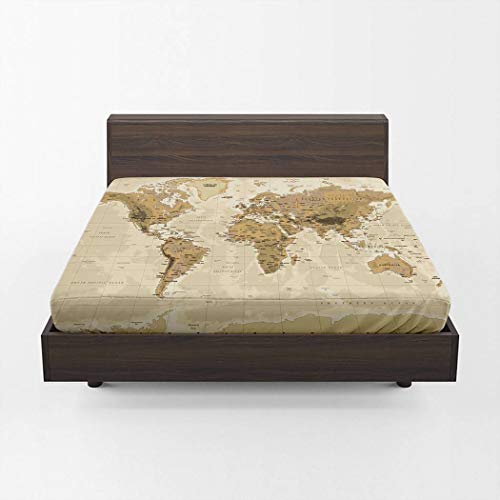 Aopaka World Map Queen Fitted Sheet Only Deep Pocket 12 Inch, Vintage Physical World Map Fitted Bed Sheets, All-Round Elastic Soft Microfiber Bedding