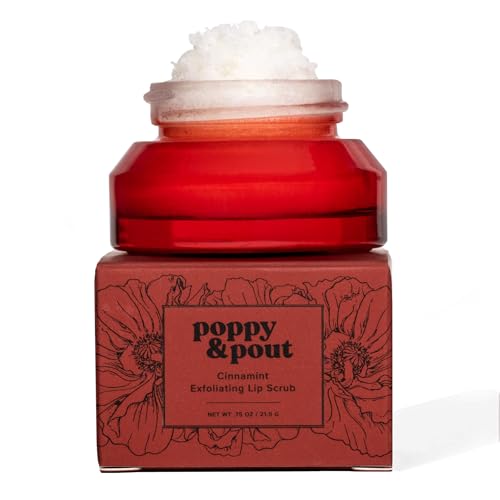 Poppy &amp; Pout Natural Lip Scrub, Moisturizing Sugar Scrub for Dry Lips, Lip Scrubber Exfoliator with Essential Oils Smooths and Hydrates Lips, In Recyclable Glass Jars, Cruelty Free - Cinnamint