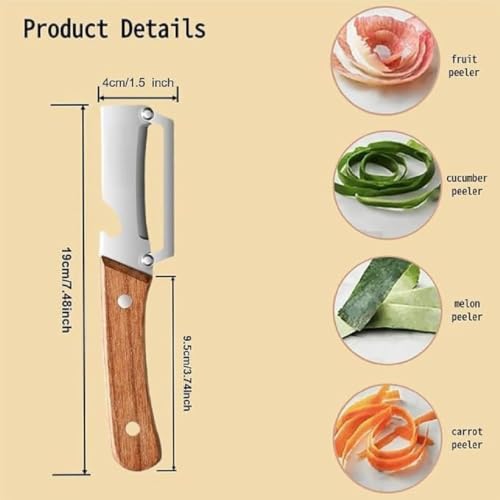 Image of Multifunctional Vegetable Peeler with Wooden Handle | Stainless Steel 3-in-1 Kitchen Tool | Potato, Carrot & Fruit Peeler with Scallion Shredder and Built-in Bottle Opener (2)