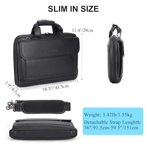 Image of Masa Kawa Leather Briefcase for Men Slim 15.6 inch Laptop Bag Waterproof Crossbody Shoulder Messenger Computer Attache Case for Business Work, Black