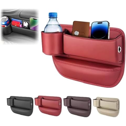 Pallocoo Car Leather Cup Holder Gap Bag, Car Seat Gap Filler Organizer, Car Seat Storage Box with Water Cup Holder, Car Gap Bag for Phones Keys Cards (Driver's Seat, Red) Cover