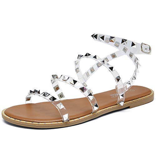 katliu Women's Flat Sandals Strappy Studded Sandals Gladiator Sandals with Ankle Strap
