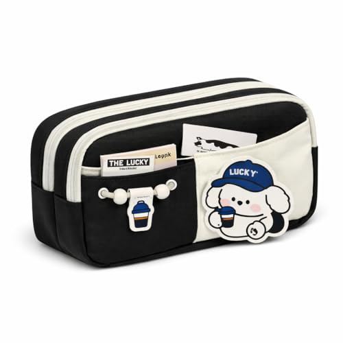 Image of Kawaii Cute Aesthetic Pencil Case for Girls & Boys | 3 Layer 6 Compartment Large Capacity Pencil Pouch with Zipper | Cartoon Stationery Organizer Bag for Students & Kids (Black)