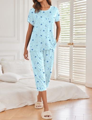 Image of Ekouaer 2 Pack Womens Pajamas Sets Short Sleeve Tops and Capri Pants Pjs Colorful Printed Sleepwear Sets