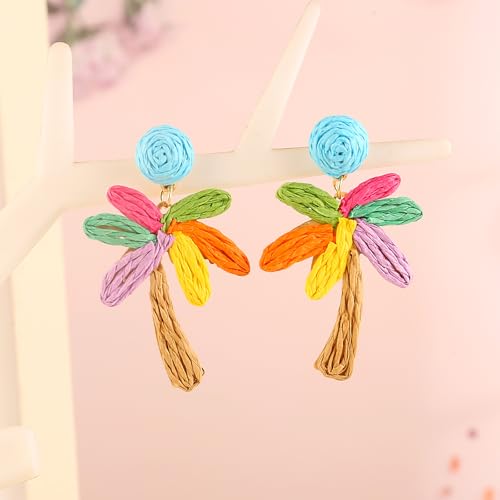 Image of Handmade Raffia Hoop Earrings Statement Tropical Bohemian Straw Dangle Earrings Natural Rattan Vacation Style Round Earrings for Women Summer Beach Party Essential Jewelry