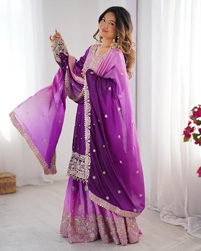 Image of Pandadi Saree Women's Chinon Silk Embroidery Kurta Sharara Set With Dupatta.