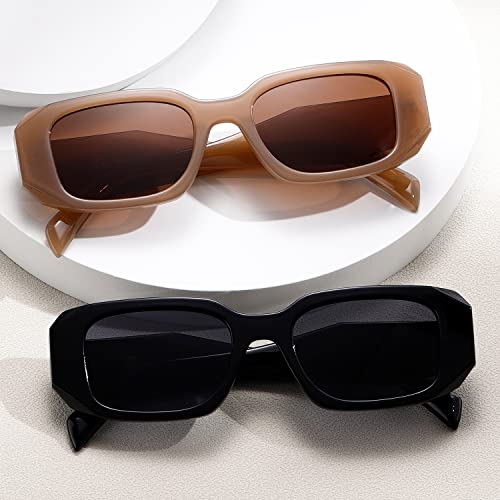 kimorn Rectangle Sunglasses for Women Men Trendy Retro Trendy Sun Glasses 90’s Vintage Square Frame K1307 (Black+Camel Frame Brown Lens)3
