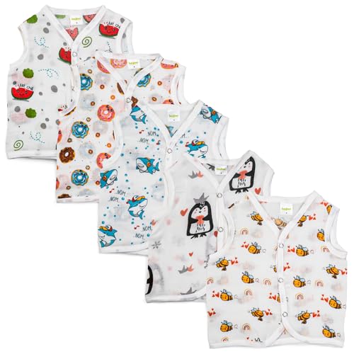 Image of BAYBEE Unisex-Baby 100% Organic Cotton Muslin Regular Fit Button Jablas| Summer Wear Sleeveless Vest Jabala | New Born Clothes | Dress 0-3 Months (Assorted, Pack Of 5)