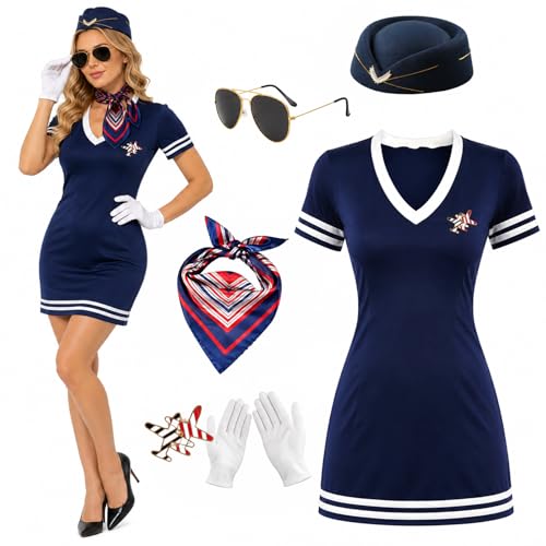 PANMAY 6 Stück Flugbegleiterin Kostüm Set Stewardess Kostüm Accessoires mit Flugbegleiterin-Kleid Stewardess Hut Schal Sonnenbrille Flugzeugbrosche Handschuhe für Halloween Cosplay Karneval (L)