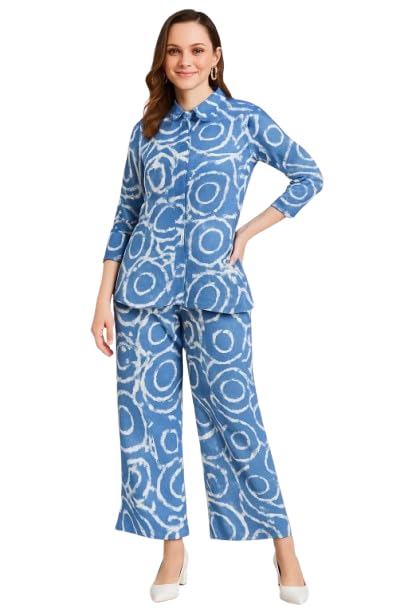 KAVATHIYA Women's Cotton Blend Abstract Print Co-ord Set | Stylish Full Sleeve Button-Down Shirt and Wide Leg Trousers Pant Set for Women & Girls-image-11