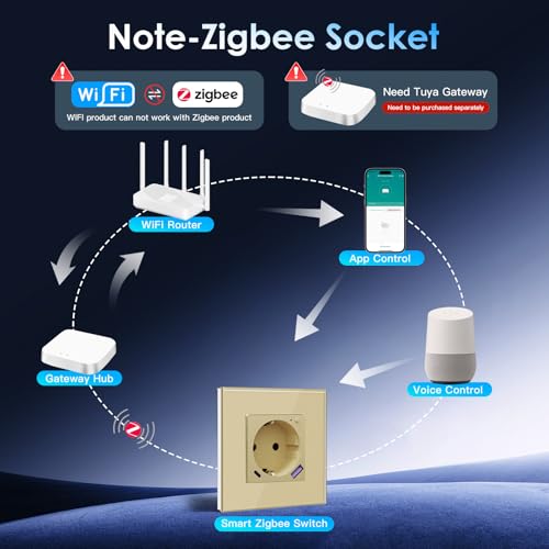 BSEED ZigBee Steckdose mit USB C 20W Schnellladegerät mit Verbrauchsmessung,Smart Steckdose Unterputz für Alexa/Google Home,Smart Wandsteckdose mit Strommessung 16A,1 Fach Gold(Gateway Hub Bedarf)