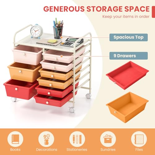 Image of LDAILY 9 Drawer Rolling Storage Cart, Rolling Cart with Drawers for Classroom, Art Supply Craft Organizer on Wheel with Metal Frame & Handles for Home Office School