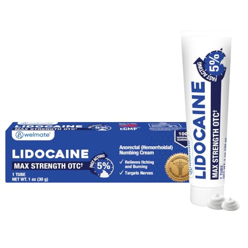 WELMATE 5% Lidocaine Cream for Hemorrhoids Maximum Strength Numbing Cream Fast-Acting Anorectal Relief Non-Greasy Unscented Child Resistant Cap 1 oz (30g)