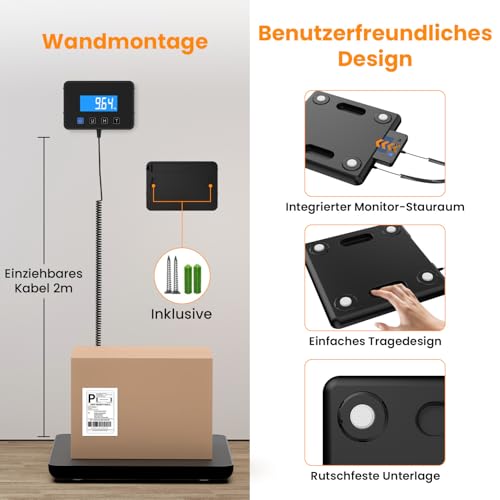 Mefine Paketwaage 200 kg/10 g, Präzise Plattformwaage mit Halte- & Tara-Funktion, Industriewaage mit Wand-LCD-Display, Stromkabel oder Batteriebetrieb, ideal für Lager, Gepäck & E-Commerce Verkäufer