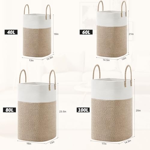Image of Laundry Basket,Woven Cotton Rope Laundry Hamper,Versatile Storage for Dirty Clothes,Baby Toys,and Blankets in Bathroom, Nursery,and Living Room (Brown, 100L)