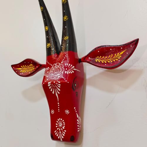 Image of SHREE 'O' GREEN TECH Handcrafted Red Cow Head Wall Decor Wooden Animal Face Art for Home Entrance, Living Room, Pooja Room Tribal Ethnic Wall Hanging for Modern and Traditional Interiors