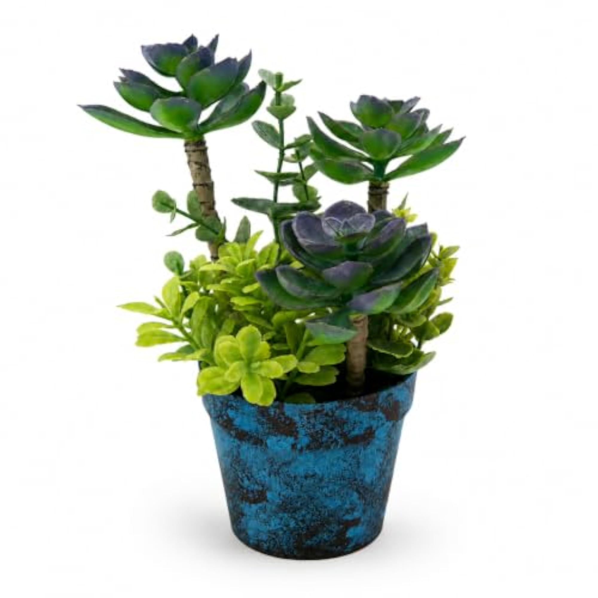 Desert Grove Artificial Succulent Plant Arrangement with Rustic Blue Decorative Pot