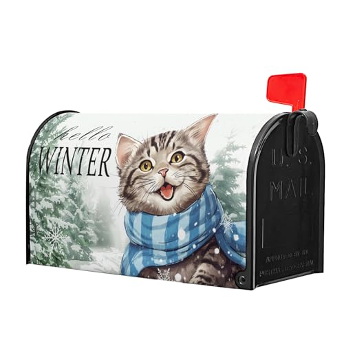Image of Hello Winter Cat Mailbox Cover Magnetic Large Size 25.5 inchx21 inch Winter Snow Pine Tree Mail Box Covers Winter Christmas Kitten Mailbox Wrap Magnetic Snowy Post Letter Box for Outside