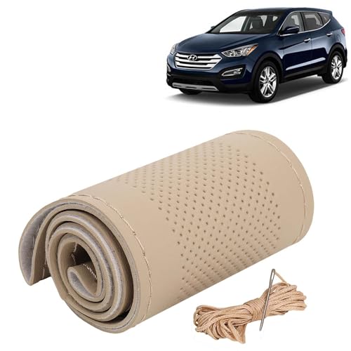 Image of KINGSWAY PU Leatherite Car Steering Cover Sewable Compatible with Hyundai Santa Fe (Year 2013-2017), Beige Color with Beige Thread, Pack of 1 with Sewing Needle and Thread
