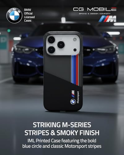 Image of CG MOBILE BMW [Official Licensed] Protective Case Designed for iPhone 17 Pro |Motorsport Collection|IML Printed Case with Vertical Stripes - Black