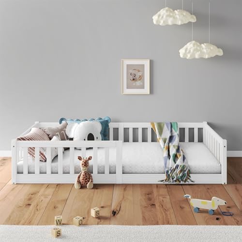 IDIMEX Lit Enfant Gustavo lit au Sol 90x190 cm d'inspiration Montessori, avec barrières de Protection, en pin Massif lasuré Blanc
