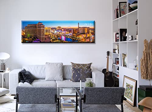 Image of Las Vegas Skyline Wall Art Cityscape Canvas Prints City Modern Building Posters Bellagio Fountain Skyscraper Night View Panoramic Pictures for Home Office Living Room Decor Framed 13.8 inchx45.3 inch
