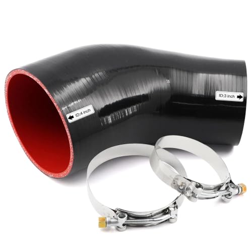 Image of High Performance 45 Degree ID 3 to 4 inch(76-102mm) Elbow Silicone Coupler Hose Reducer, 4-Ply Reinforced Wall Thickness 5mm Length 4 inch for Turbo /Intercooler /Intake Pipe with 2 T-Bolt Clamps