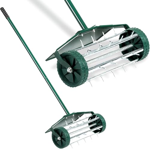 Lawn Aerator - 45 X 122 Cm Manual Grass Spike Roller With Splash Proof Fender, 3-Piece Handle, Quality Pp Wheels, Sharp Steel Spikes To Perforate Any Soil, Lawn Aerator Tool For Outdoor & Garden