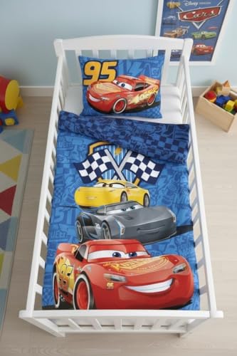 Disney Cars Track Stars Kinderbettwäsche-Set | Junior-Bettbezug 100x135 cm mit Kissenbezug 40x60 cm, 100% Baumwolle | Flash Lightning McQueen Bettwäsche-Set für Kleinkinder