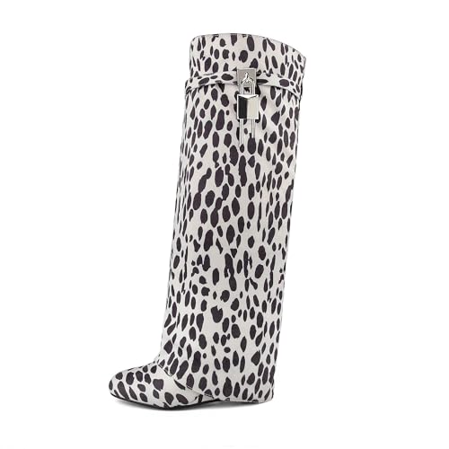 Image of keleimusi Fold Over Wedge Boots Heeled PadLock Pant Knee High Shoes Tall /Short Booties in Cow Print