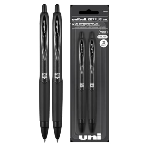 Uniball 207+ Black Retractable Gel Pens 2 Pack with Medium 0.7mm Points, Fraud Proof Office Pens for...