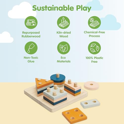 Image of PlanToys Geometric Sorting Board Orchard Shade, Montessori Kids Shape Toy | geometric sorting board orchard shade, montessori shape size colour learning, fine motor problem solving activity, kids toy