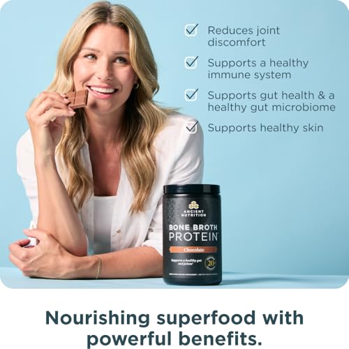 Image of Ancient Nutrition Protein Powder Made from Real Bone Broth, Chocolate, 20g Protein Per Serving, 20 Serving Tub, Gluten Free Hydrolyzed Collagen Peptides Supplement, Great in Protein Shakes