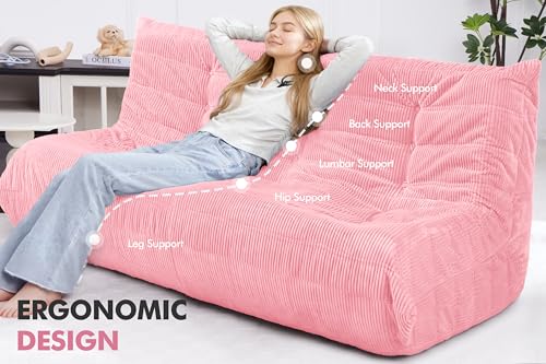 Image of Bean Bag Chair,Giant Beanbag Chairs for Adults,Comfy Large Fireside Chair Lazy Sofa,Corduroy Bean Bag Lounger with Memory Foam Filled,Floor Sofa Couch for Home,Living Room (Pink, 3-Seater)