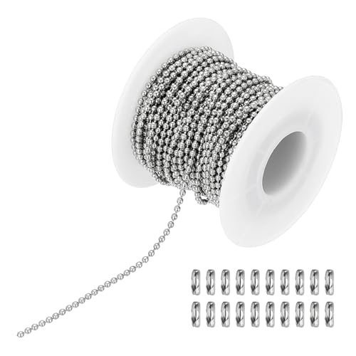 PATIKIL 10 m/32,8 pieds Perles Boule Chaîne,2mm Acier Inox Tirer Chaîne Extension avec 20 Pcs Connecteurs pour Étiquette Chaîne, Porte-clés Bagues, Bricolage Artisanat, Argent