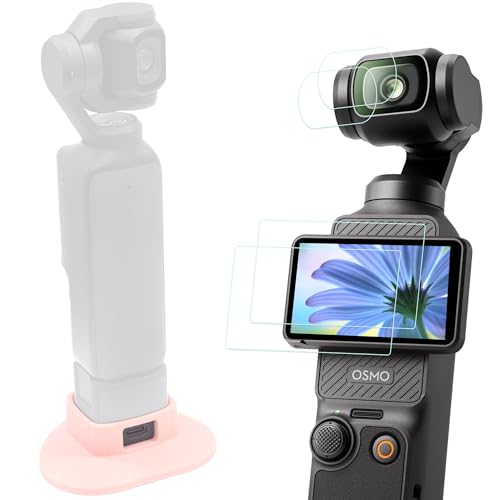 PCTC Osmo Pocket 3 Silicone Non-Slip Desktop Mount+ 4Packs Tempered Glass Screen Lens Protector,Accessories Kit Only for Osmo Pocket 3(Pink)