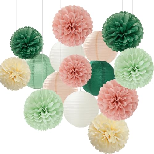 Image of Sage-Green Pink Party-Decorations Paper-Flowers Lanterns - 15PCS Birthday Boho Rustic Tissue Pom Poms Streamers,Baby Shower Neutral Wedding Graduation Bridal Safari Hanging Supplies Decor Hugfond