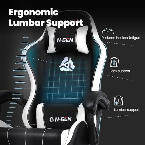 Image of N-GEN GAMING Gaming Chair, Footrest, Lumbar, High-Back, White Black | Reclining Backrest, Linkage Armrests, Durable PU Leather, Adjustable Comfort for Extended Computer, Desk, or Home Office Use