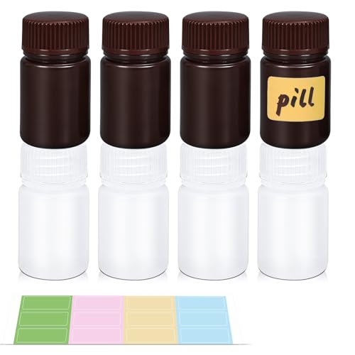 Image of Small Pill Bottle, Empty Medicine Bottles with Screw Caps for Pills Capsules Vitamins, Food Grade Plastic Medicine Containers with Labels for Travel (Translucent&Brown, 1oz /30ml, 8 Pcs)