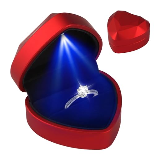 Lumitrex Caja de Anillo con Luz LED, Forma de Corazón con LED de Terciopelo Caja de Regalo de Joyería de Corazón para Propuesta de Boda Compromiso Aniversario Boda y Festival, Roja