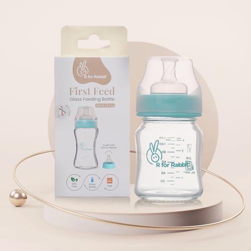 R for Rabbit First Feed Baby Glass Feeding Bottle 120ml with Anti-Colic Wide Neck, BPA Free Soft Silicone Nipple, Milk Feeder for New Born/Infants/Toddler Kids of 6+ Months (Sea Green)