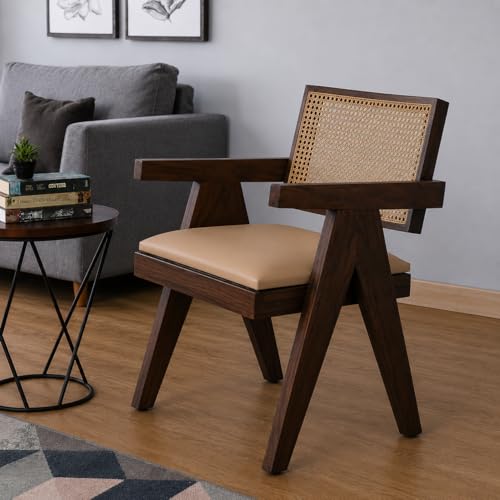 Image of Solid Wood Arm Chair with Cushion and Cane Back Support Chair Living Room Bedroom Home Wooden Armchair Furniture Garden Balcony Outdoor & Indoor (Walnut Finish)