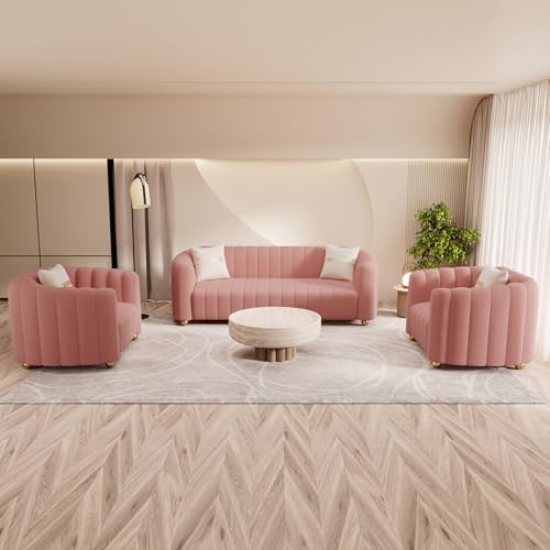 Moxoq Modern 3-Piece Pink Velvet Sofa Set for Living Room,