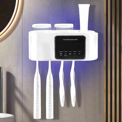 Portaspazzolino da parete con vano portaoggetti, portaspazzolino elettrico con funzione di asciugatura e pulizia per bagno, 4 fessure per pennelli, 2 bicchieri (bianco)