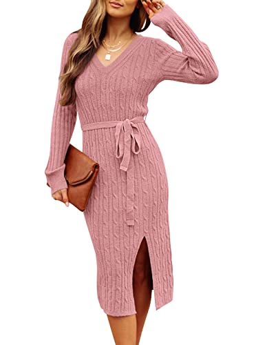 MEROKEETY Damen V Ausschnitt Zopfstrick Pulloverkleid Strickkleid Langarm Bodycon Schlitz Pullover Midikleid mit Gürtel, Staubypink, Groß