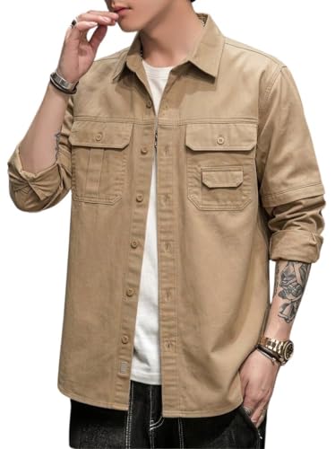 Image of SMOWKLY Men's Casual Shirt Jacket for Men | Lightweight 100% Cotton Overshirt | Full Sleeve Utility Shacket with Pockets | Stylish for Everyday Wear | Full Sleeve Button Down Shirt