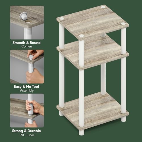 Furinno JUST Side Table, 3-Tier End Table, Open Shelves Night Stand, Bedside Table, Toolless Assembly, for Living Room, Bedroom, Bathroom, Sonoma Oak