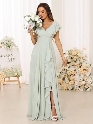 V Neck Chiffon Bridesmaid Dresses for Women Long Empire Waist Formal Dress with Slit LN143